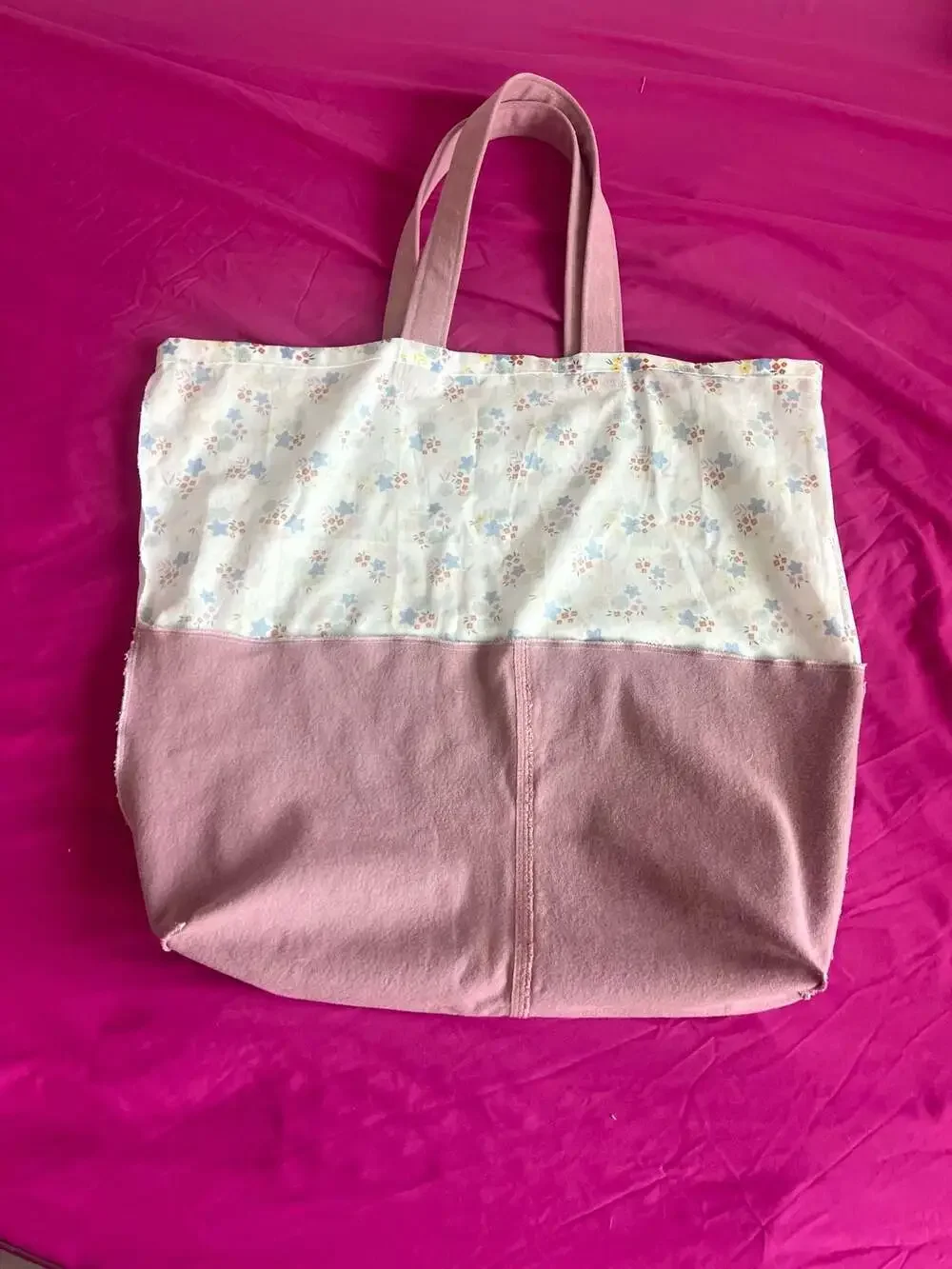 Handmade Cottagecore Pink Canvas and Floral Print Tote Bag
